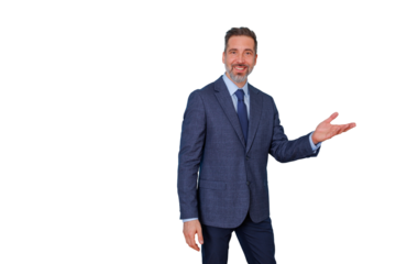Businessman smiling, confidently presenting ideas, offering solutions, showing direction with open hand gesture on transparent background