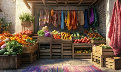 Rustic market scene with fresh produce displayed in wooden crates, colorful textiles, and warm natural light