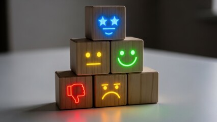 Customer rating wooden cubes enhanced with glowing digital emojis