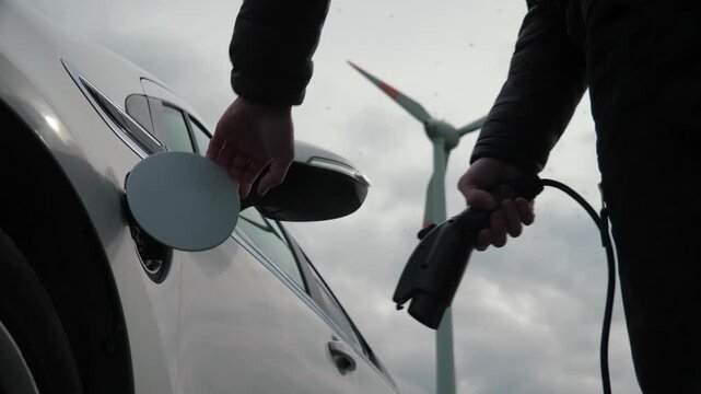 Unrecognizable hand connects charging cable into EV car, wind charging station, close up. Insert power connector to electric vehicle near sustainable electricity generator, windmill, wind turbine