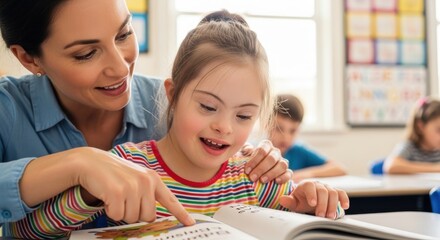 Teacher and young girl reading together in a classroom.