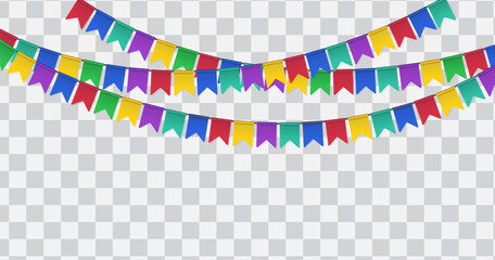 Colorful festive bunting flags garland set with bright triangular pennants for party, celebration and holiday decoration isolated on transparent background © Serhii Bielik