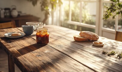 Rustic wooden dining table setup with a jar of homemade jam, fresh bread, and bright natural light enhancing the cozy vibe
