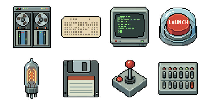 Retro computers pixel style icon set, launch buttons joysticks
