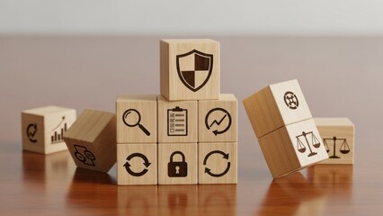 Risk management wooden blocks with shield and compliance icons