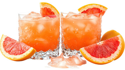 Two glasses of orange juice with ice cubes and a slice of grapefruit on the side