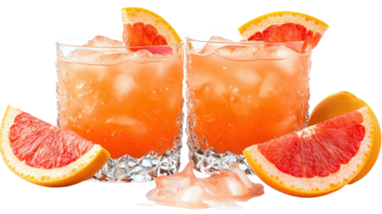 Two glasses of orange juice with ice cubes and a slice of grapefruit on the side