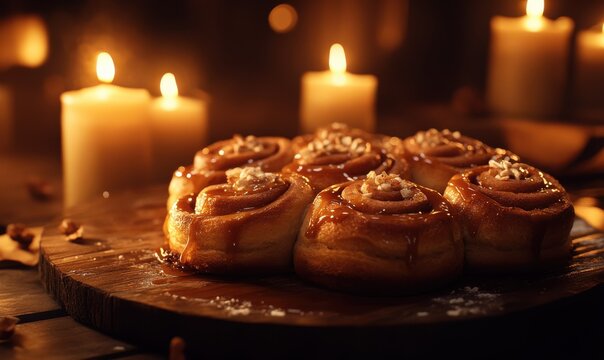 Rustic wooden platter filled with freshly baked cinnamon rolls drizzled with caramel, soft warm light enhancing the cozy dessert scene - Powered by Adobe