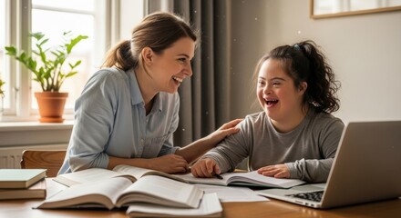 Fototapeta premium Mother and daughter enjoying home study session.