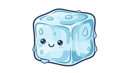 Cute Kawaii Ice Cube Character Melting With Water Droplets.
