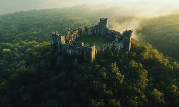 Scenic aerial view of an ancient castle perched atop a hill surrounded by dense forest, soft natural light creating depth, clean and majestic, sharp detail,