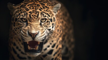 Obraz premium A jaguar is staring at the camera with its mouth open. The image has a dark and moody atmosphere, with the jaguar's fierce expression and the black background