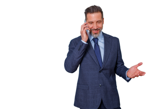 Mature businessman receiving call, smiling and communicating, showing professionalism and good customer service on transparent background - Powered by Adobe