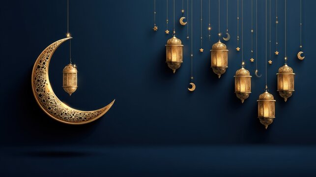 A blue background with a gold crescent moon and a row of gold lanterns hanging from the ceiling