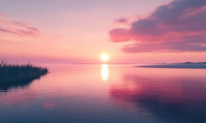Scenic beach sunset with a vibrant pink and orange sky reflecting on the calm water, soft light creating a peaceful coastal landscape