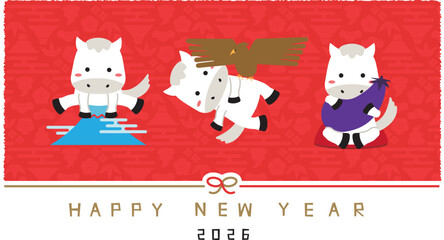 2026年賀状 Happy new year 水引き　初夢　背景赤