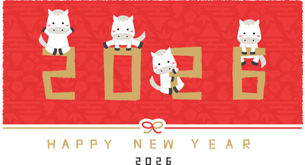 2026年賀状 Happy new year 水引き 横 金の2026と白馬　背景赤