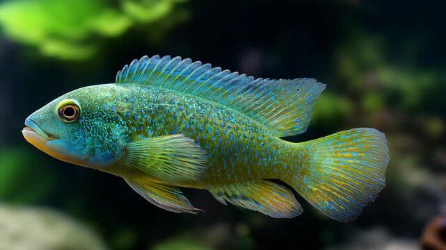 Vibrant blue peacock cichlid in aquarium