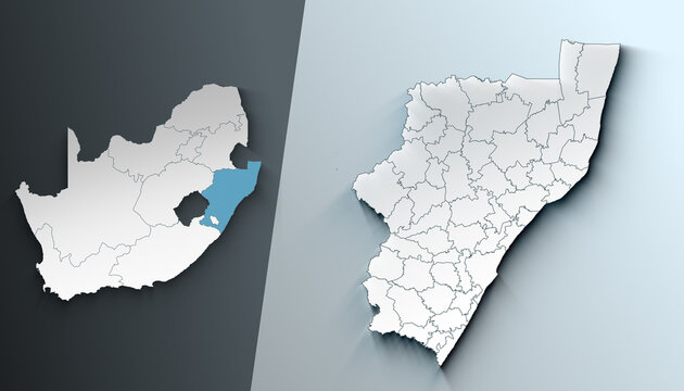 Minimalist 3D Map of KwaZulu-Natal South Africa Province with Borders