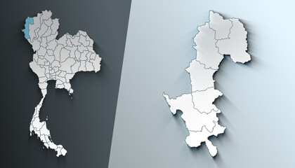 Minimalist 3D Map of Mae Hong Son Thailand Region with Borders