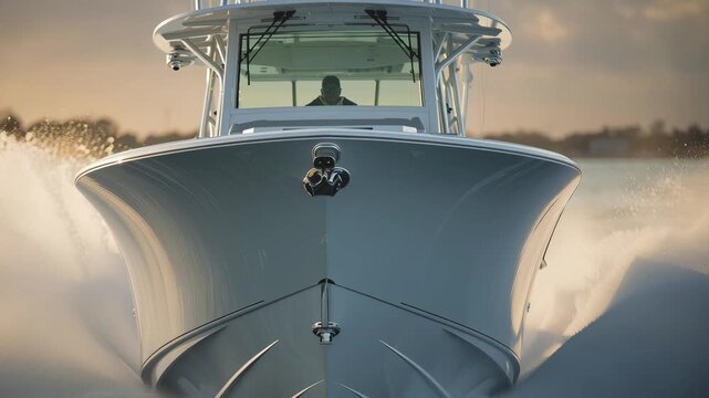Powerful motorboat cutting through waves at sunset, showcasing dynamic movement and water spray, camera captures action with a steady forward motion