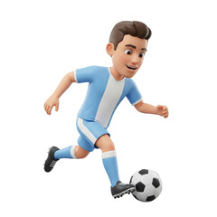 Obraz premium Soccer player in a blue and white uniform running with the ball during a game.