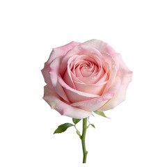 An elegant and romantic pastel pink rose with a green leaf. A symbol of gentle love, grace, and delicate beauty.