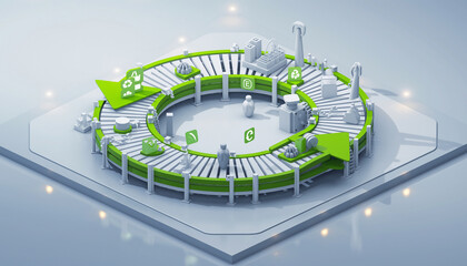 3D rendering of a closed-loop circular economy process.