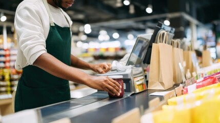 Cashier in green apron scanning groceries at checkout counter in busy supermarket, showcasing retail environment and customer service concept