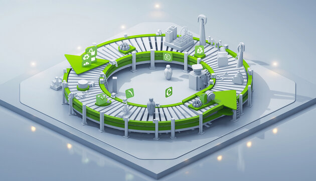 3D rendering of a closed-loop circular economy process. - Powered by Adobe