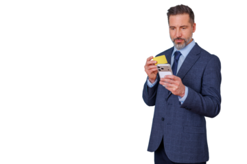 Businessman using credit card and smartphone for online purchase, entering payment details, managing finance, transparent background
