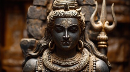 Fototapeta premium A statue of a Hindu goddess with a gold headdress and a gold sword. The statue is very detailed and looks very realistic