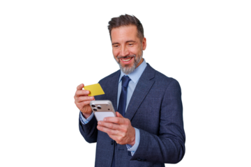 Happy businessman holding credit card and smartphone, doing secure online shopping or banking using m-commerce. Transparent background