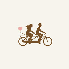 Minimalist couple silhouette riding a tandem bicycle minimal vector illustration