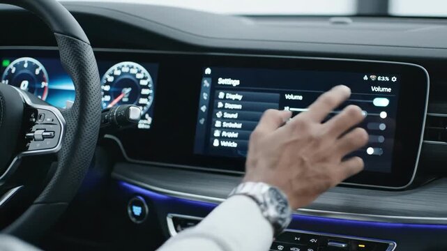 Driver adjusting vehicle infotainment system settings volume on touchscreen