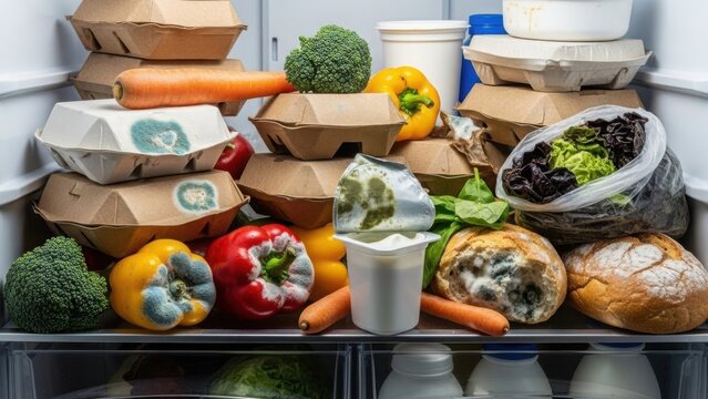 A refrigerator shelf full of spoiled and moldy food. Rotten vegetables, bread, and expired products. Food waste and spoilage concept