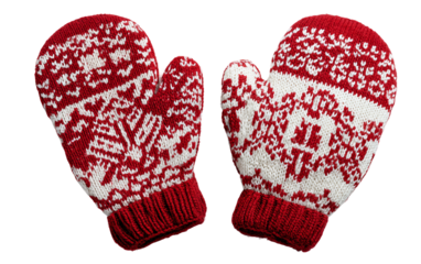 Festive Christmas mittens in red and white patterned design captured in high key lighting for holiday decoration and seasonal styling isolated on transparent background PNG