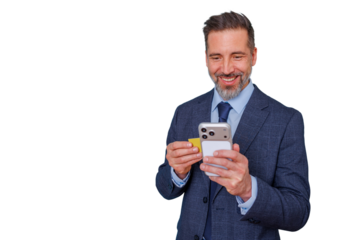 Businessman using a mobile phone and credit card for secure online payment, e-commerce, and digital banking on transparent background
