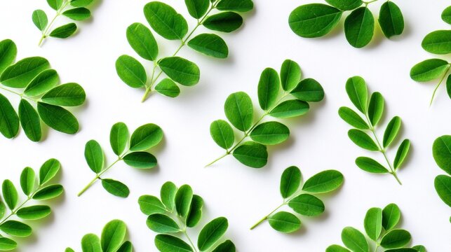 A pattern of green leaves is spread across a white background. The leaves are arranged in a way that creates a sense of movement and life. Scene is one of freshness and vitality