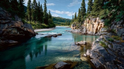 A river with a clear blue water and trees in the background. The water is calm and peaceful