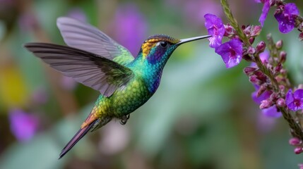 Obraz premium A hummingbird is perched on a purple flower. The bird is green and blue in color. The flower is purple and has a purple stem