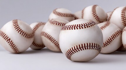 A bunch of baseballs are piled up on a white surface. The balls are all white and red, with the red being the stitching. Concept of nostalgia and the feeling of a classic baseball game