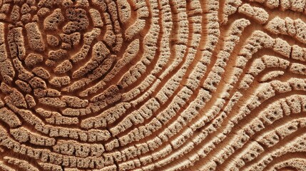 The image is of a tree trunk with a very detailed and intricate pattern. The texture of the trunk is rough and bumpy, with many small ridges and grooves. Scene is one of natural beauty and complexity