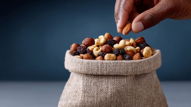 A hand is reaching into a bag of mixed nuts. The bag is made of a woven material and is filled with a variety of nuts, including almonds, cashews, and walnuts