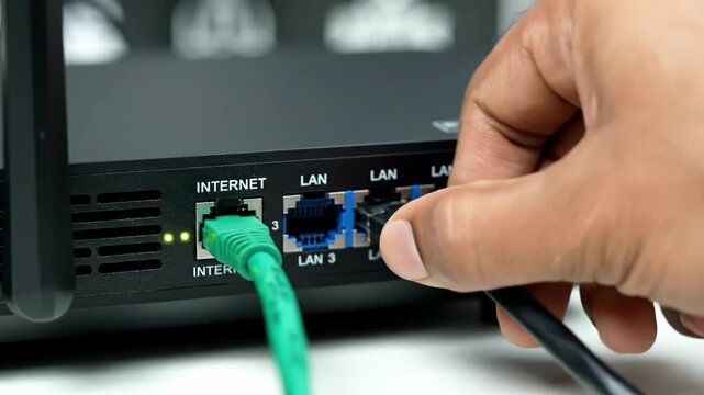 Hand plugging an ethernet cable into a black internet router lan port