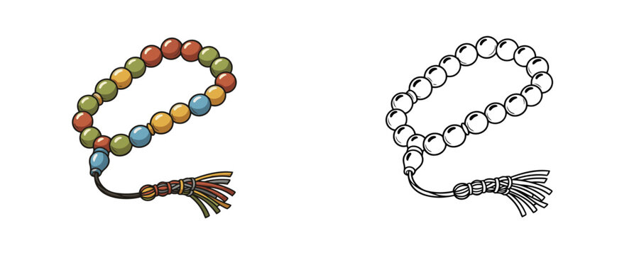 Vector illustration of colorful round prayer beads with a long tassel in two styles a color drawing and a simple black outline design