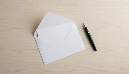 Blank envelope with pen on wooden surface for correspondence  