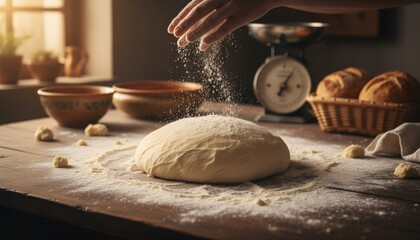 Hand sprinkling flour over dough on wooden table in rustic kitchen  
