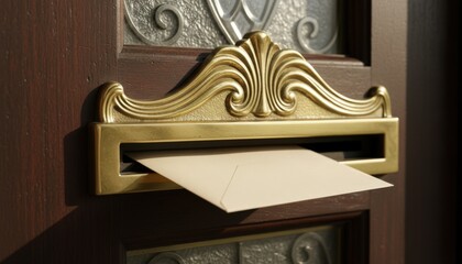Letter being delivered through ornate mailbox on wooden door  