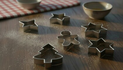 Christmas cookie cutters in various shapes on wooden table  